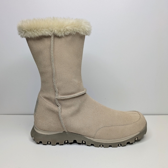 Skechers Outdoor Y2K Leather Suede Cream Tan Mid Calf Boots Side Zip Size 7 - Picture 1 of 8
